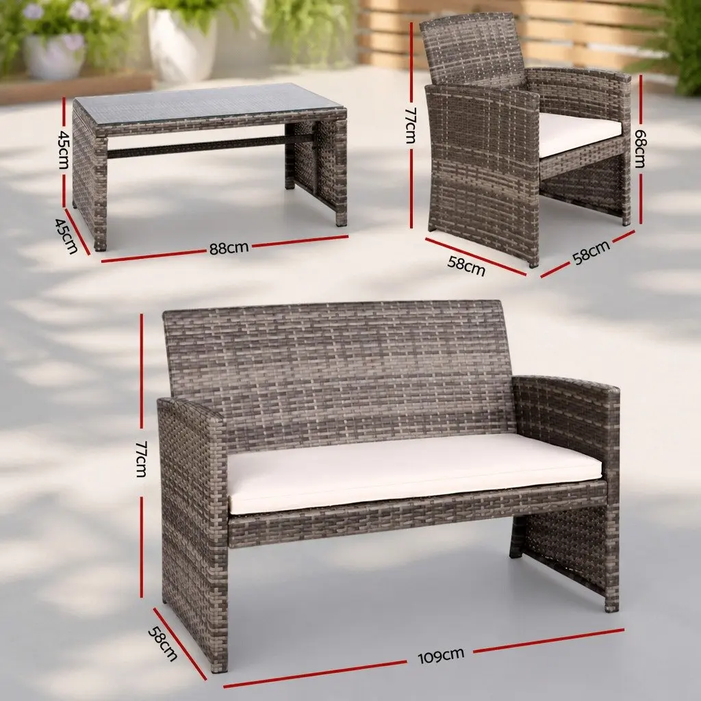 4 Piece Wicker Sofa Set Grey Outdoor Furniture with Coffee Table and Cushions Weather Resistant