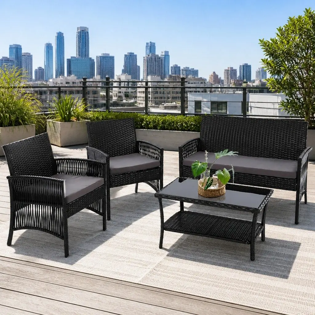 4PC Outdoor Wicker Sofa Set with Double Seat Chair Single Armchairs Coffee