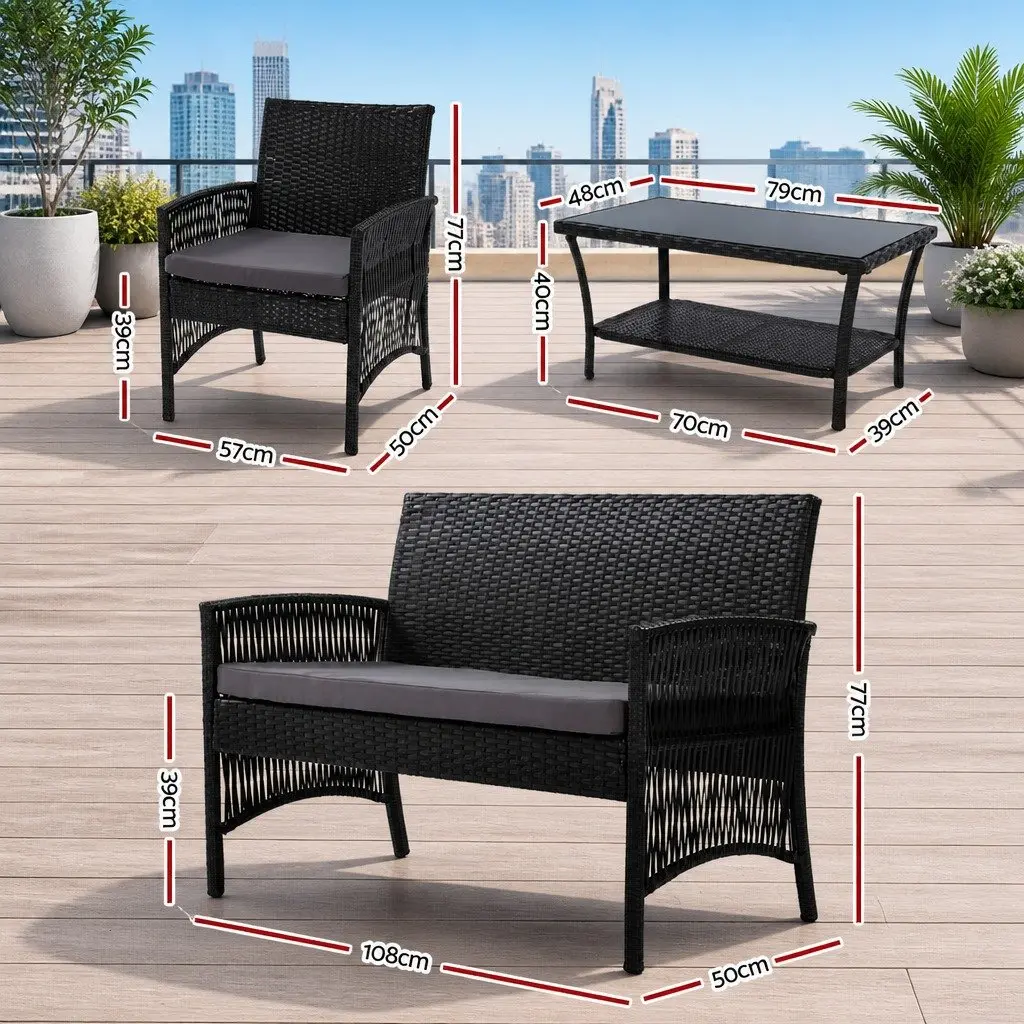 4PC Outdoor Wicker Sofa Set with Double Seat Chair Single Armchairs Coffee