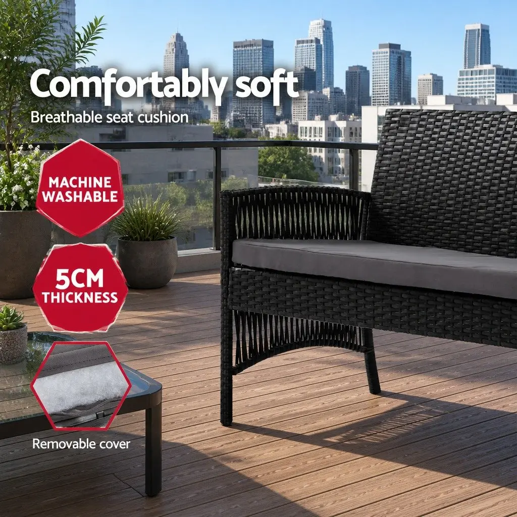 4PC Outdoor Wicker Sofa Set with Double Seat Chair Single Armchairs Coffee