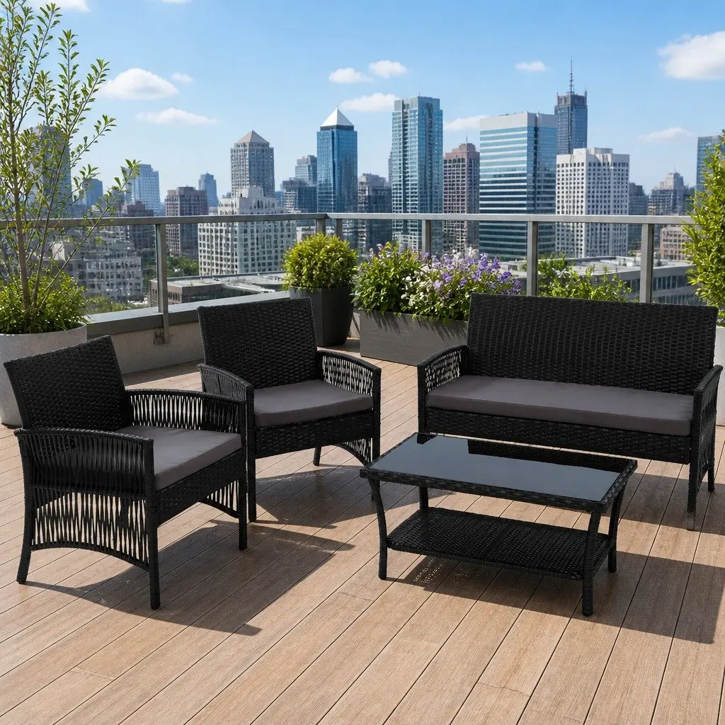 4PC Outdoor Wicker Sofa Set with Double Seat Chair Single Armchairs Coffee