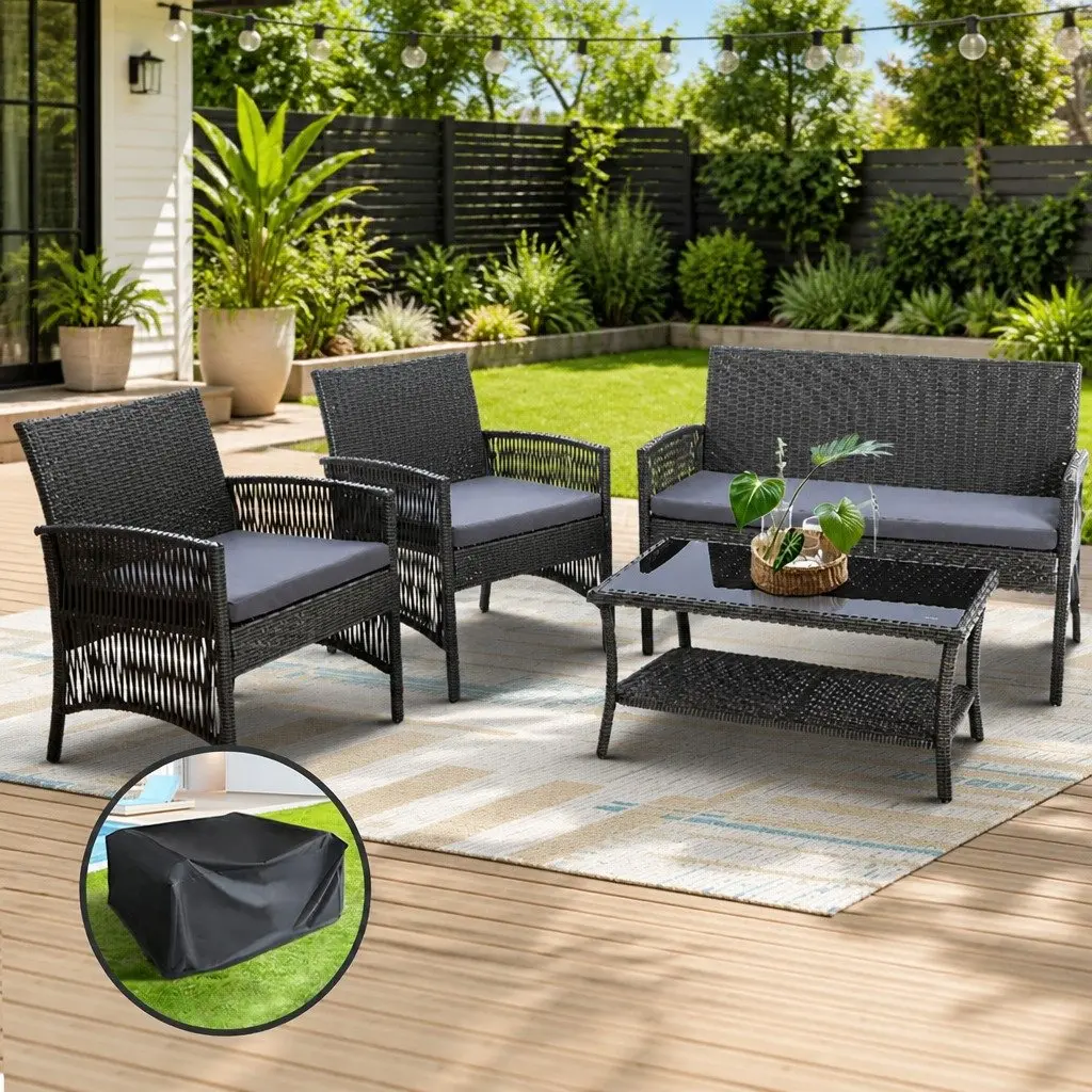 4 Piece Outdoor Sofa Set Grey Wicker Armchairs Double Seat Side Table UV Resistant Cushion Heavy Duty Frame