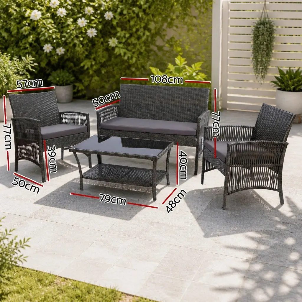 4 Piece Outdoor Sofa Set Grey Wicker Armchairs Double Seat Side Table UV Resistant Cushion Heavy Duty Frame