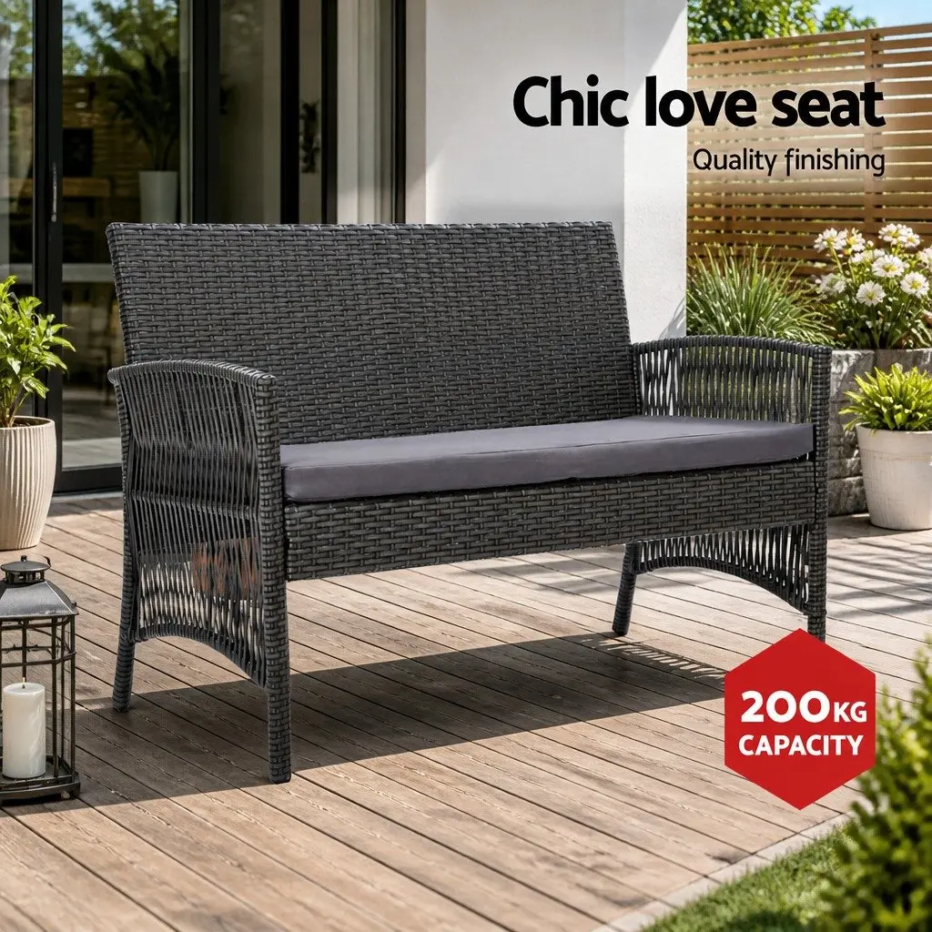 4 Piece Outdoor Sofa Set Grey Wicker Armchairs Double Seat Side Table UV Resistant Cushion Heavy Duty Frame