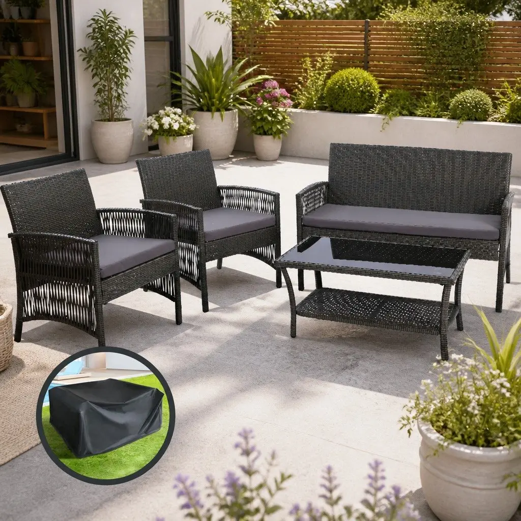 4 Piece Outdoor Sofa Set Grey Wicker Armchairs Double Seat Side Table UV Resistant Cushion Heavy Duty Frame