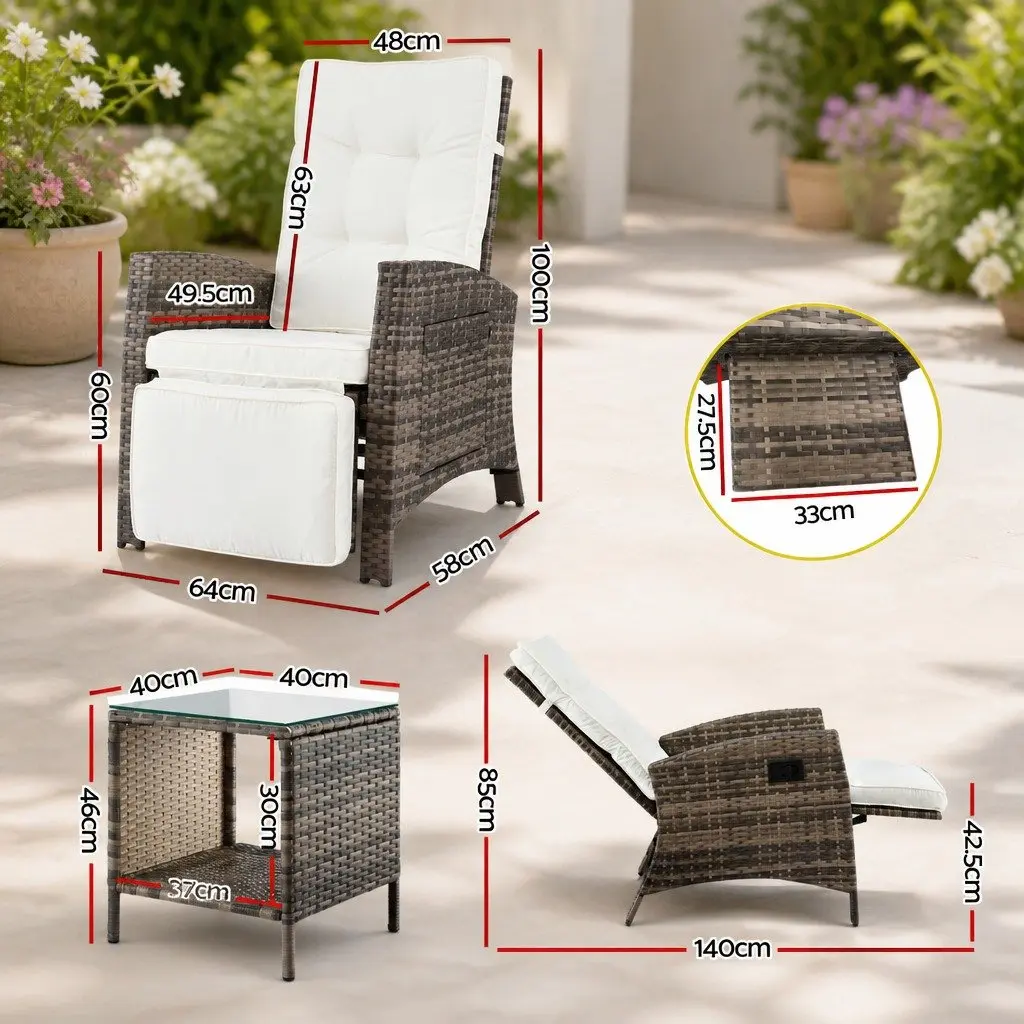 Outdoor Recliner Chair Set Natural Adjustable Backrest 3 Piece Wicker Lounge