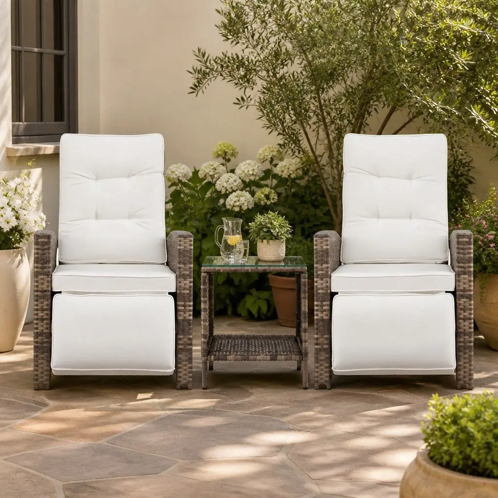 Outdoor Recliner Chair Set Natural Adjustable Backrest 3 Piece Wicker Lounge