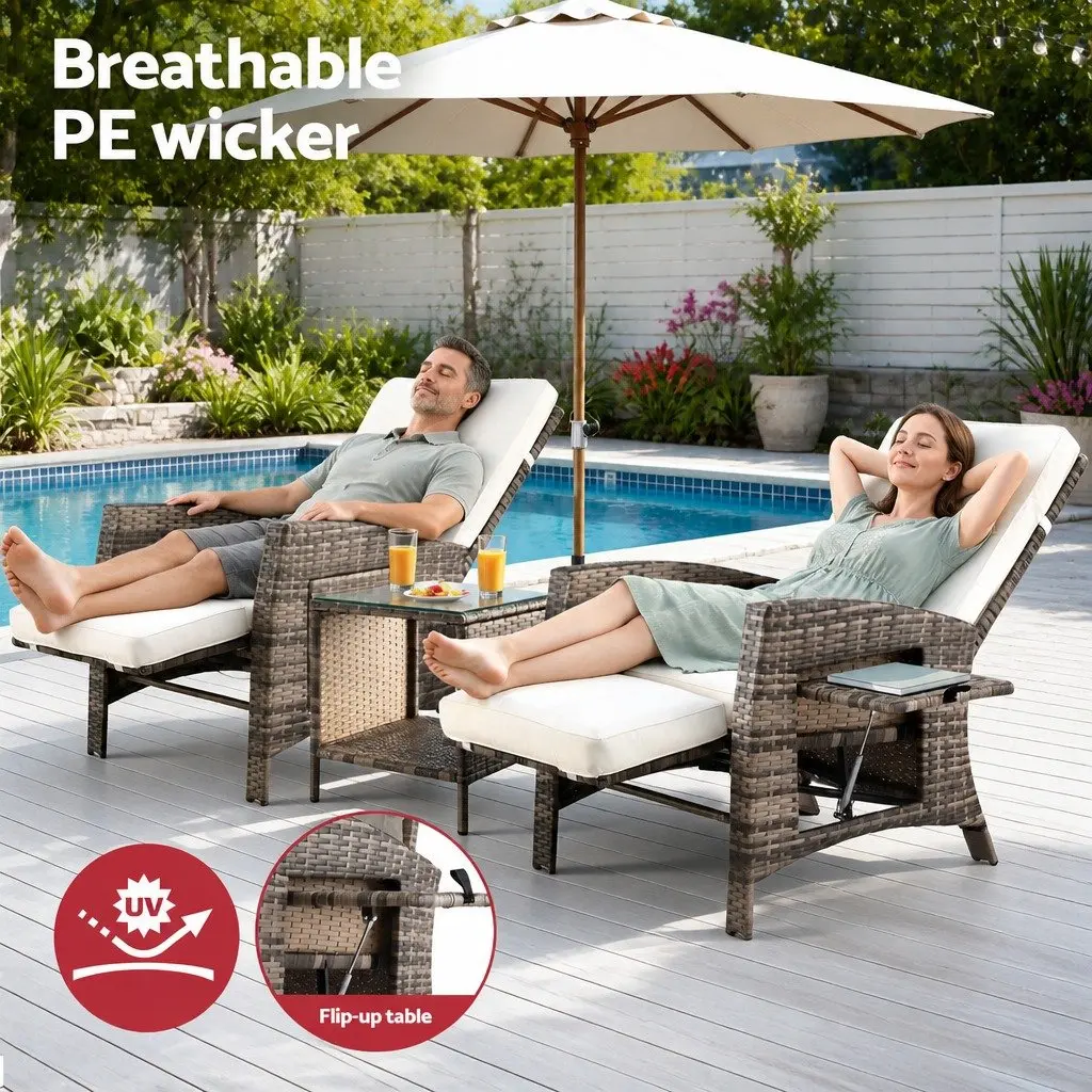 Outdoor Recliner Chair Set Natural Adjustable Backrest 3 Piece Wicker Lounge