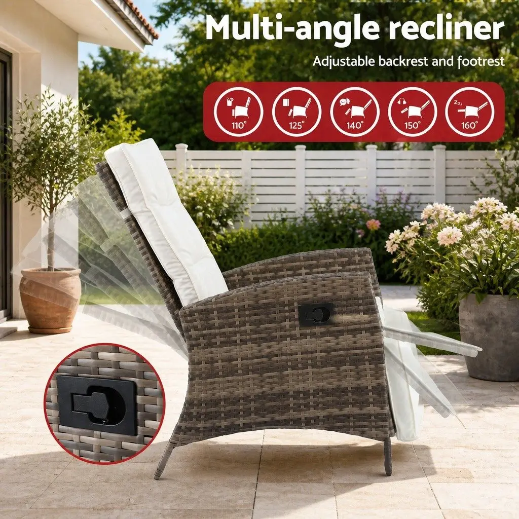 Outdoor Recliner Chair Set Natural Adjustable Backrest 3 Piece Wicker Lounge