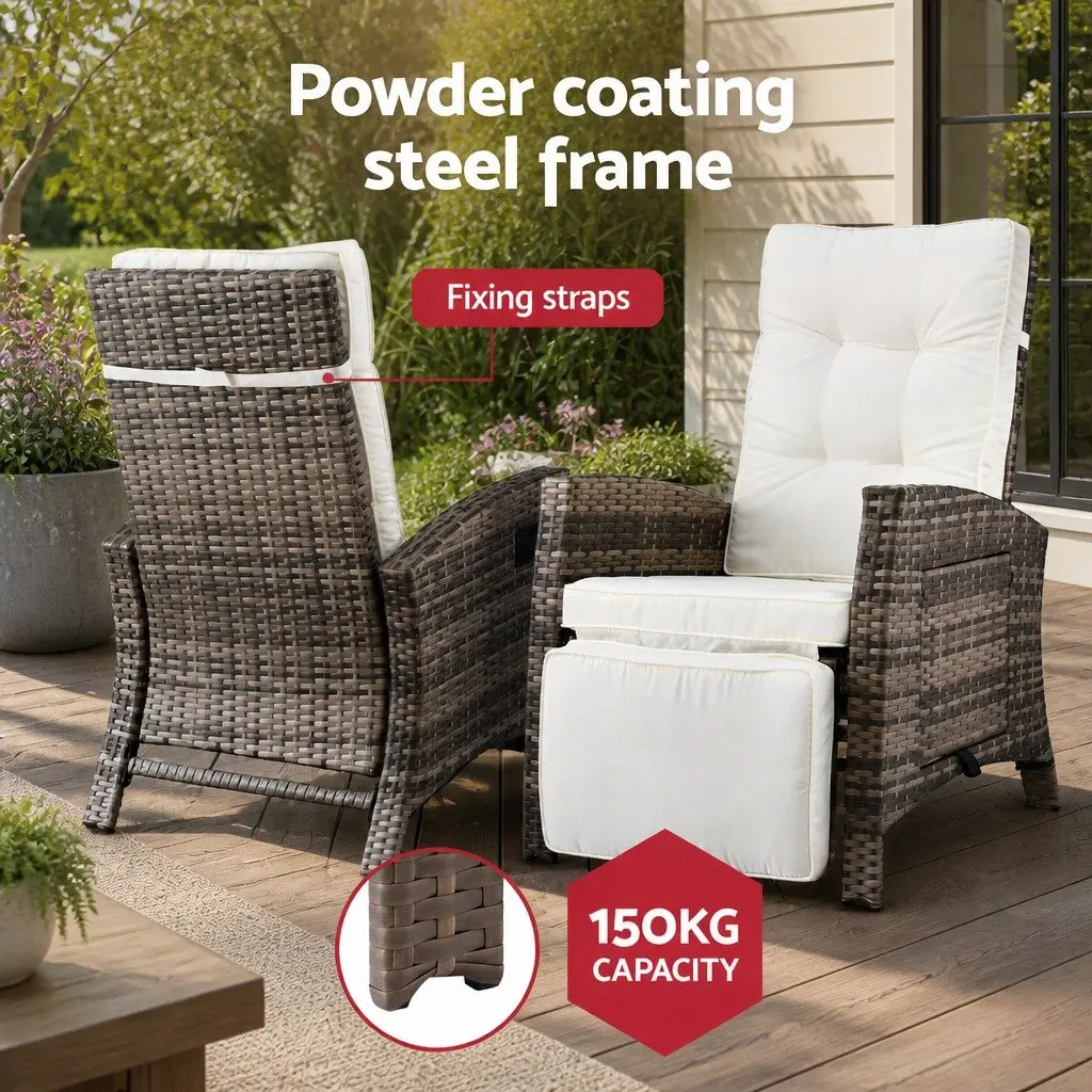 Outdoor Recliner Chair Set Natural Adjustable Backrest 3 Piece Wicker Lounge