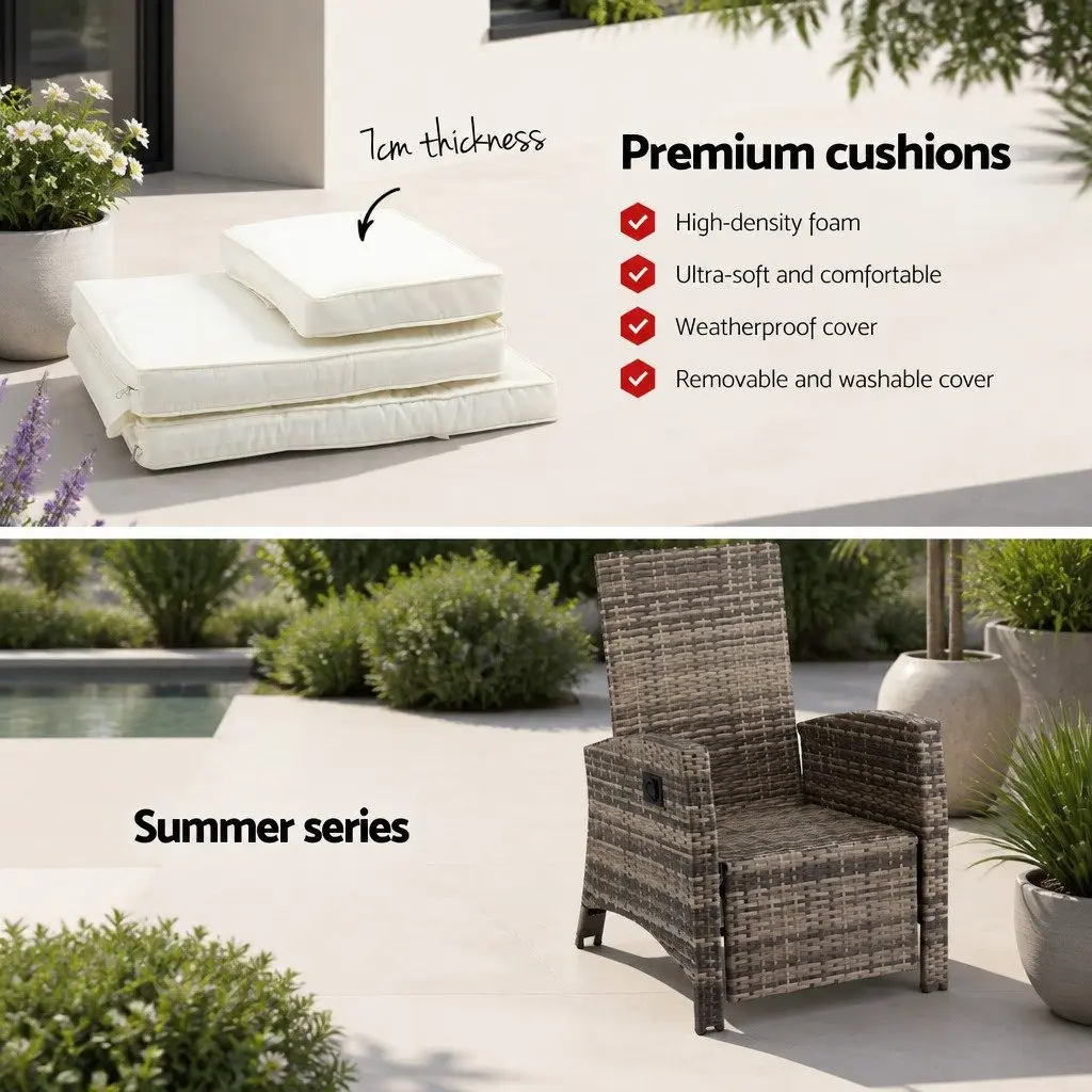 Outdoor Recliner Chair Set Natural Adjustable Backrest 3 Piece Wicker Lounge