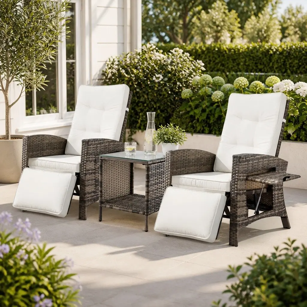 Outdoor Recliner Chair Set Natural Adjustable Backrest 3 Piece Wicker Lounge