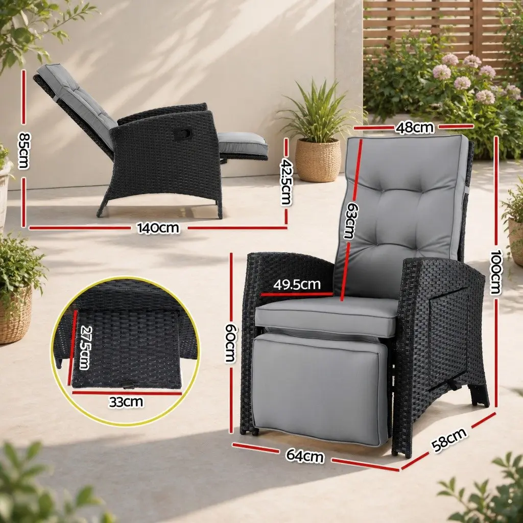Outdoor Recliner Chair Black Adjustable Backrest Footrest Weather Resistant PE Wicker