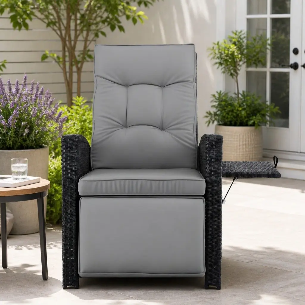 Outdoor Recliner Chair Black Adjustable Backrest Footrest Weather Resistant PE Wicker