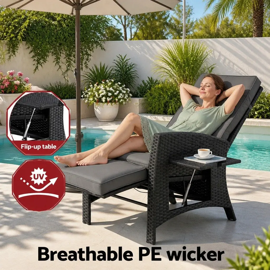 Outdoor Recliner Chair Black Adjustable Backrest Footrest Weather Resistant PE Wicker