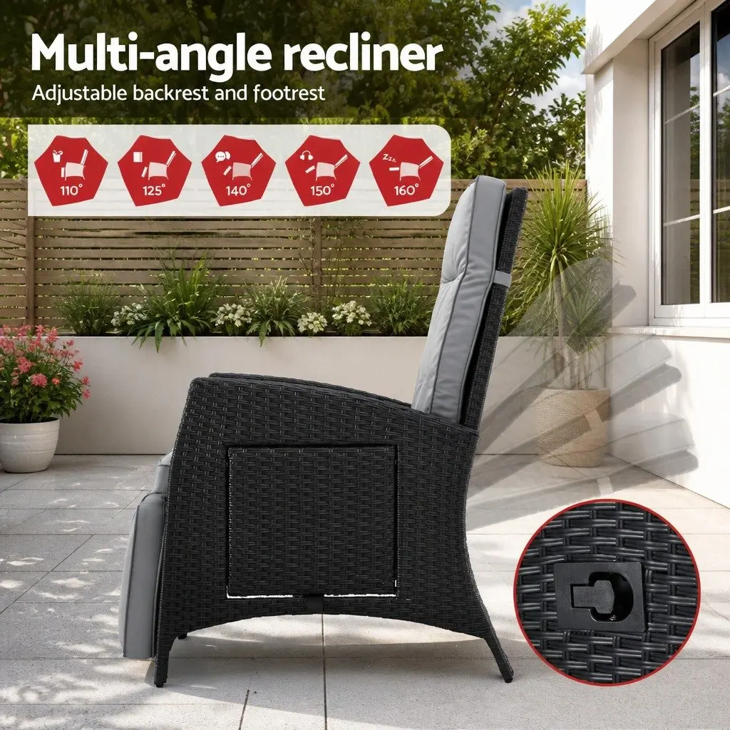 Outdoor Recliner Chair Black Adjustable Backrest Footrest Weather Resistant PE Wicker