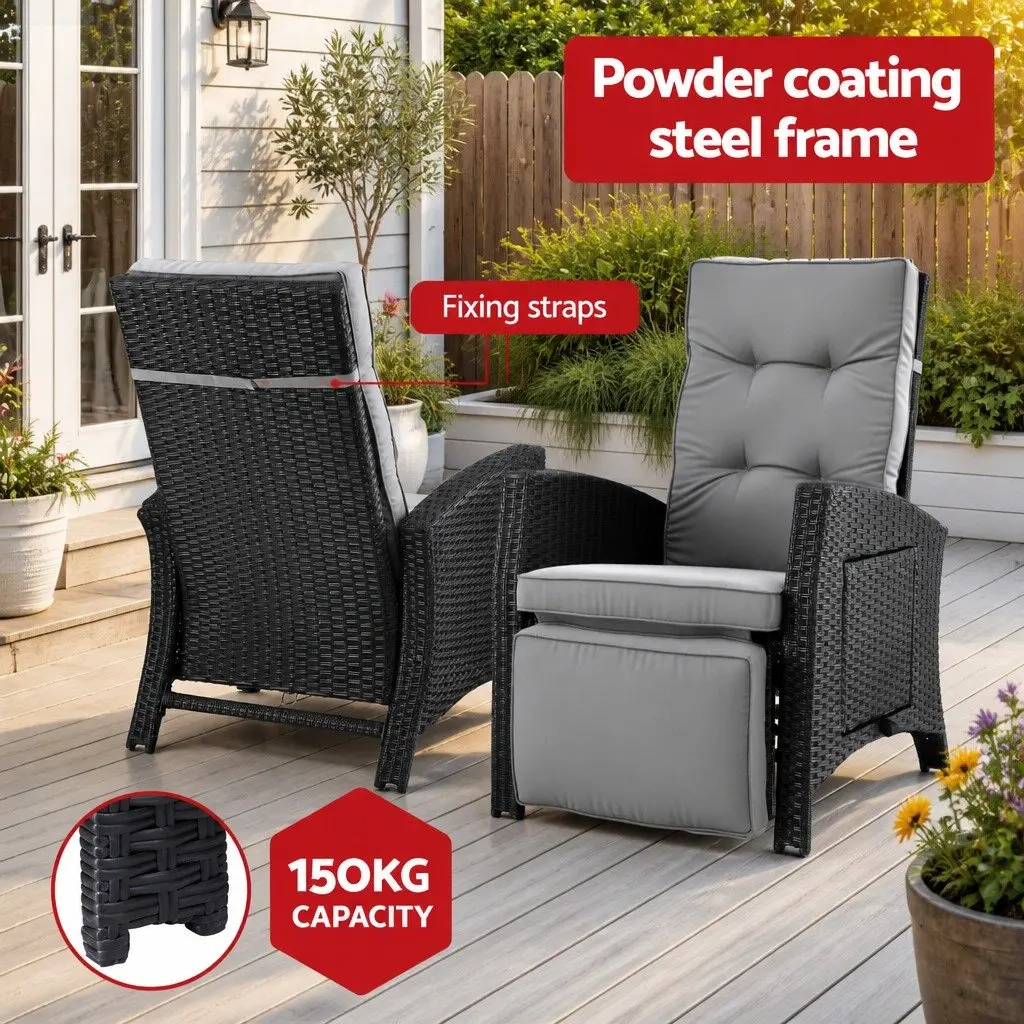 Outdoor Recliner Chair Black Adjustable Backrest Footrest Weather Resistant PE Wicker