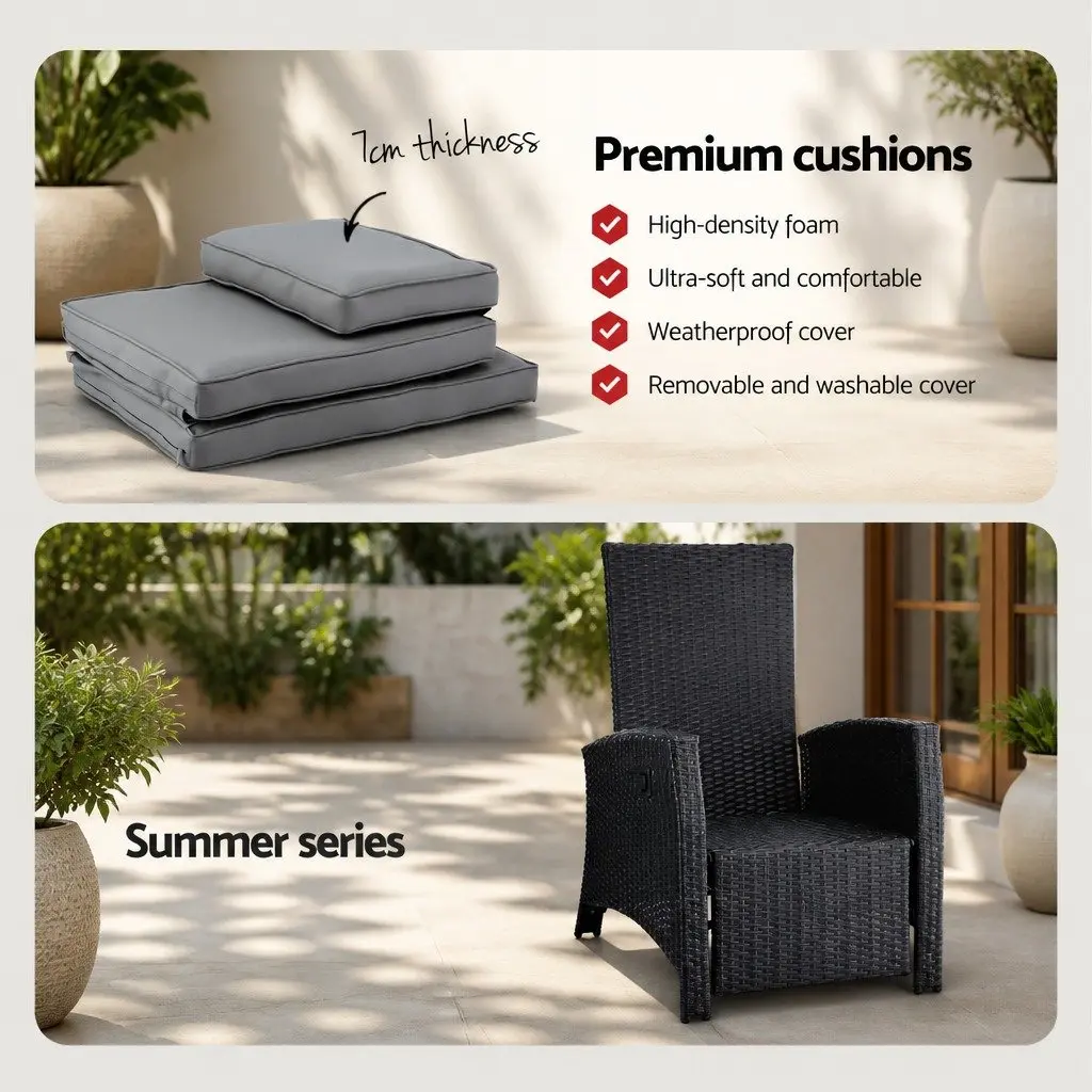 Outdoor Recliner Chair Black Adjustable Backrest Footrest Weather Resistant PE Wicker