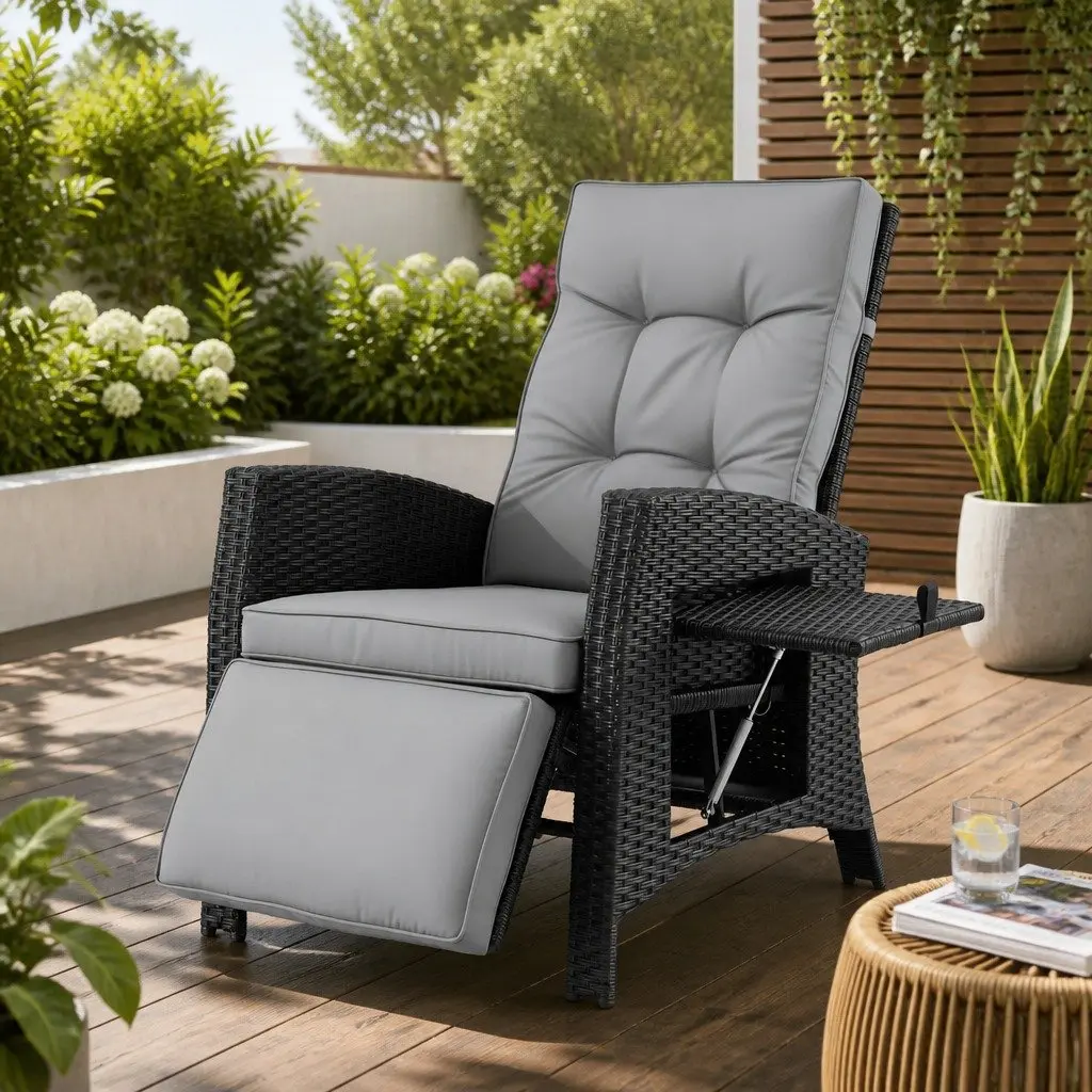 Outdoor Recliner Chair Black Adjustable Backrest Footrest Weather Resistant PE Wicker