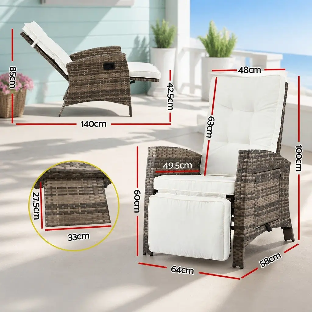 Outdoor Recliner Chair Natural Adjustable Wicker Lounger with High-Density Foam Cushion and Slip-Up Side Table