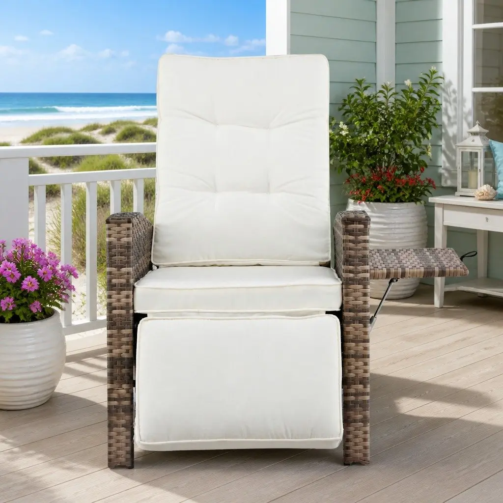 Outdoor Recliner Chair Natural Adjustable Wicker Lounger with High-Density Foam Cushion and Slip-Up Side Table