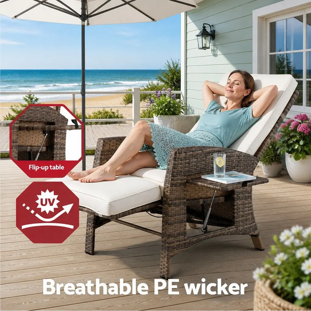 Outdoor Recliner Chair Natural Adjustable Wicker Lounger with High-Density Foam Cushion and Slip-Up Side Table