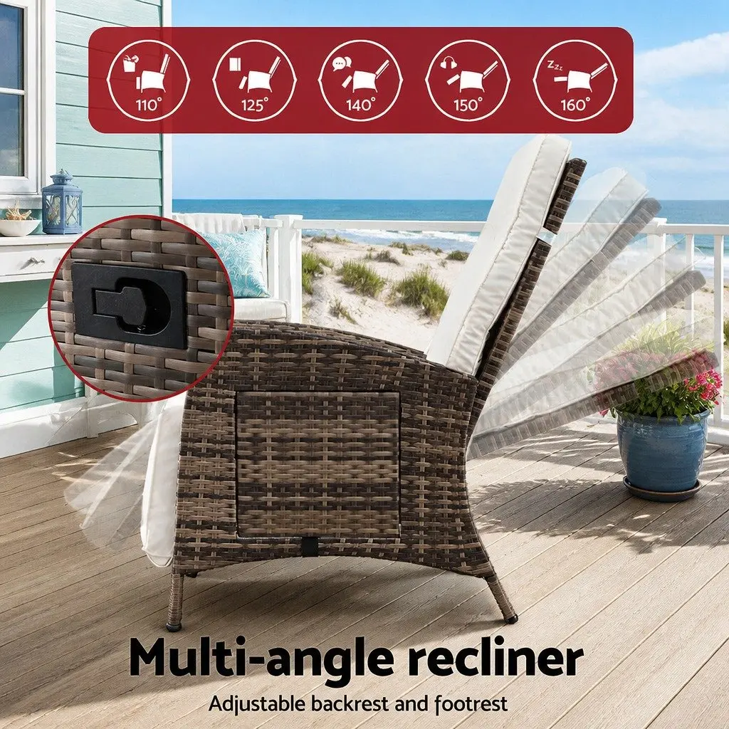 Outdoor Recliner Chair Natural Adjustable Wicker Lounger with High-Density Foam Cushion and Slip-Up Side Table