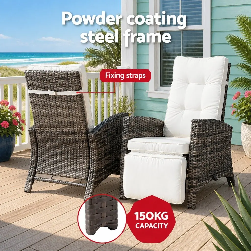 Outdoor Recliner Chair Natural Adjustable Wicker Lounger with High-Density Foam Cushion and Slip-Up Side Table