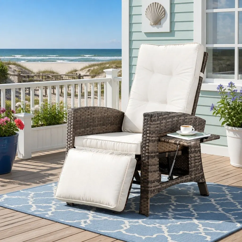 Outdoor Recliner Chair Natural Adjustable Wicker Lounger with High-Density Foam Cushion and Slip-Up Side Table