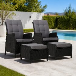 2PC Recliner Chair Sun Lounge Wicker Lounger Outdoor Furniture Adjustable Black