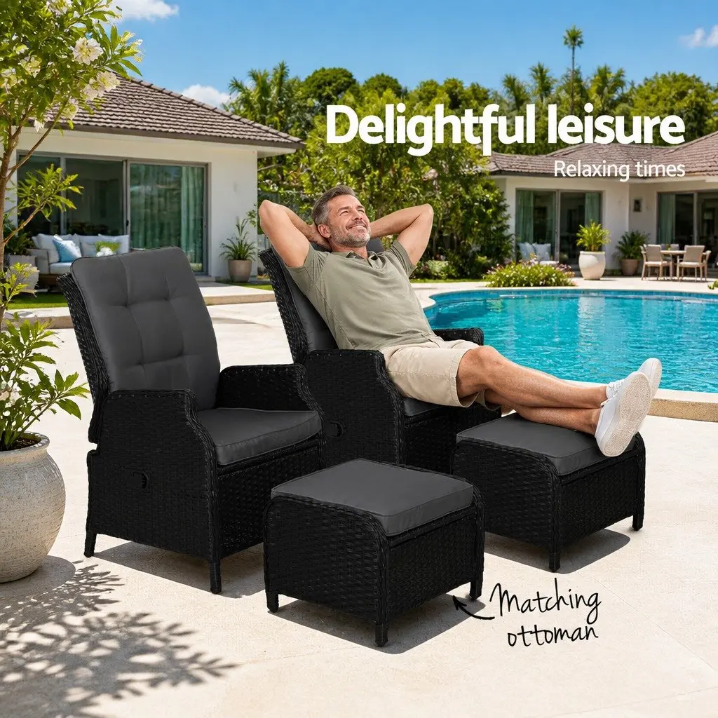 Recliner Chair Set Black Adjustable Outdoor Wicker Lounger with Ottoman 2 Piece