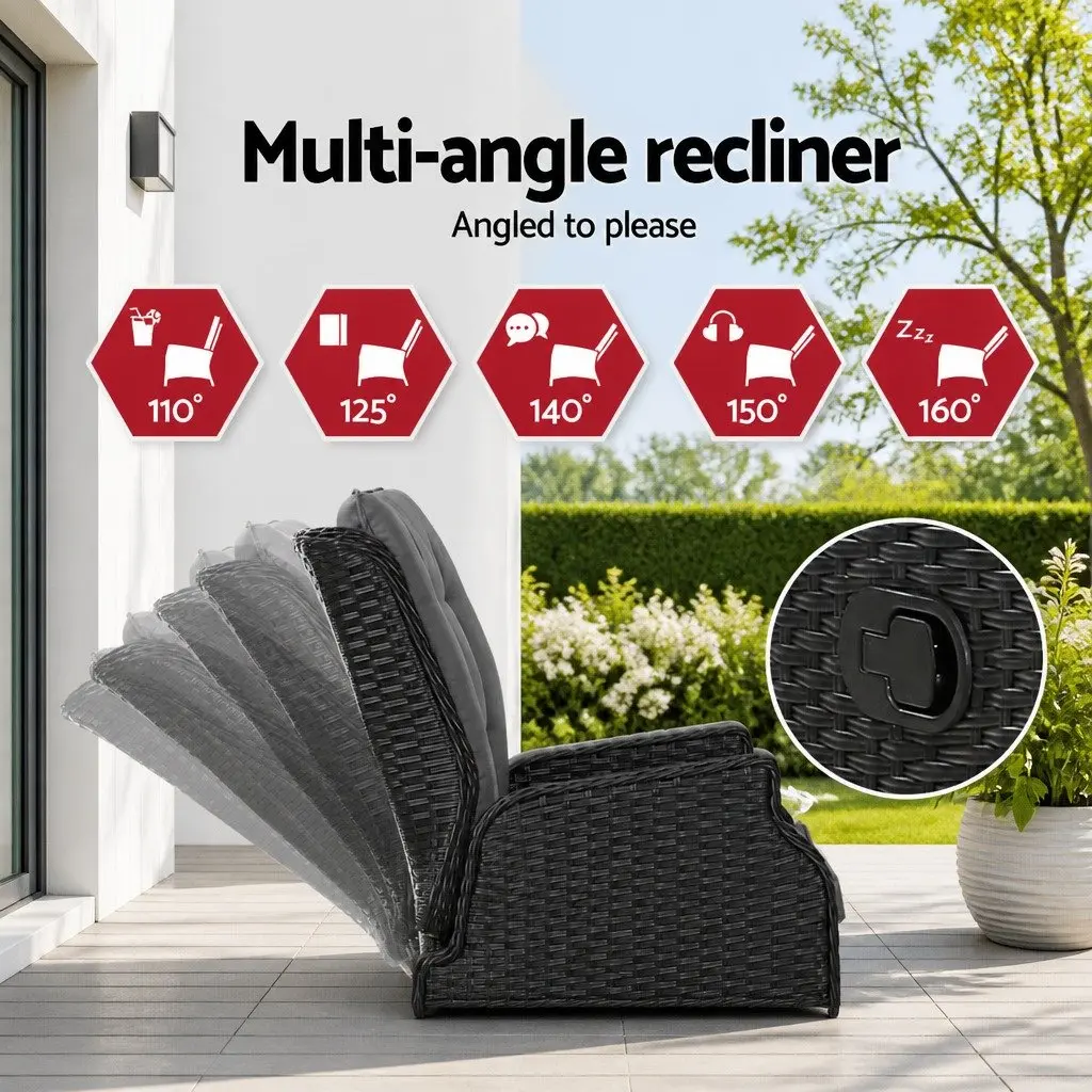 Recliner Chair Set Black Adjustable Outdoor Wicker Lounger with Ottoman 2 Piece