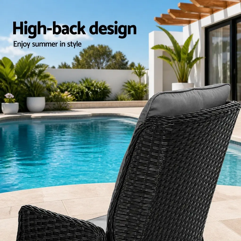Recliner Chair Set Black Adjustable Outdoor Wicker Lounger with Ottoman 2 Piece