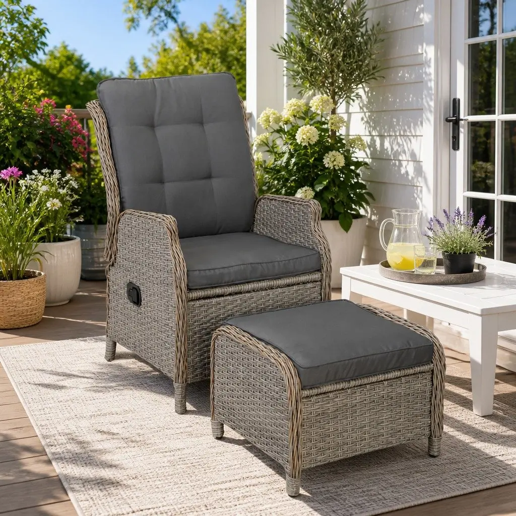 Wicker Recliner Chair Grey Adjustable Backrest Outdoor Lounger Set 2 Piece
