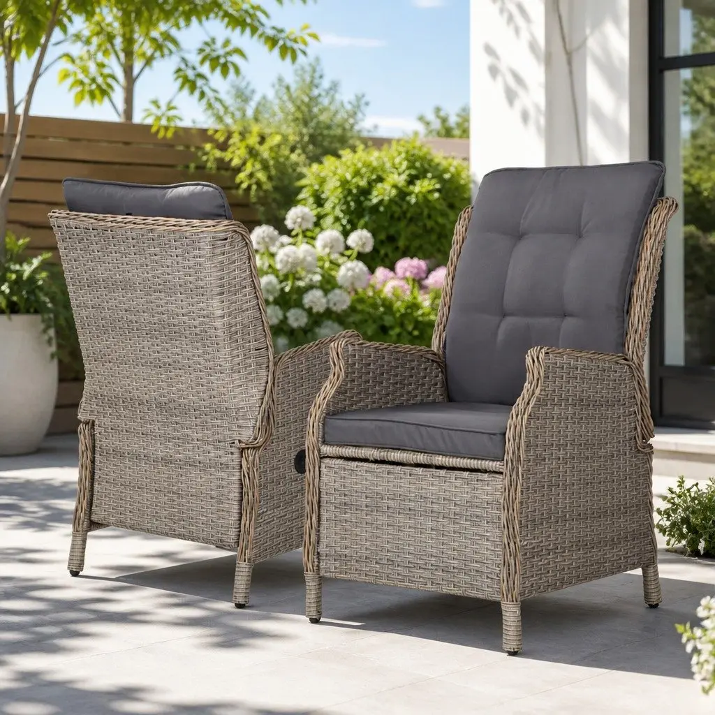 Wicker Recliner Chair Grey Adjustable Backrest Outdoor Lounger Set 2 Piece