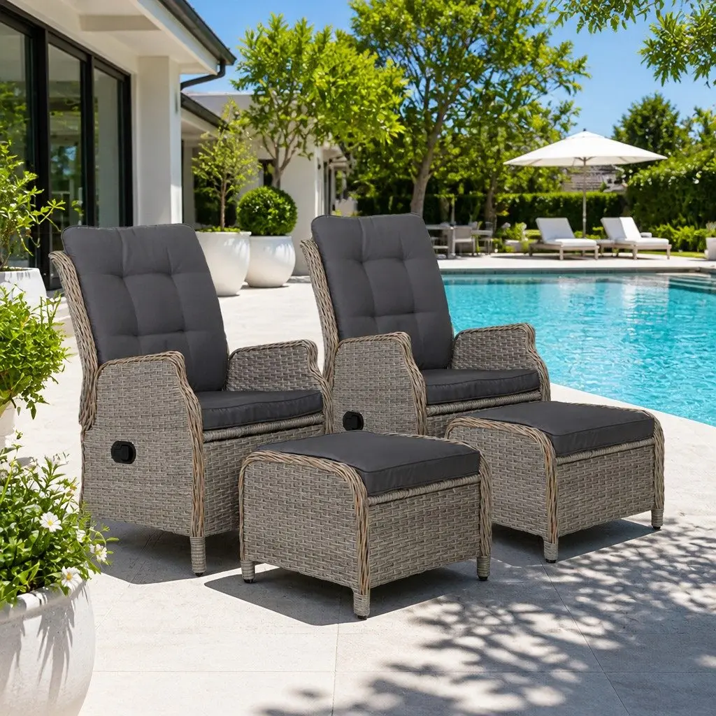 Wicker Recliner Chair Grey Adjustable Backrest Outdoor Lounger Set 2 Piece