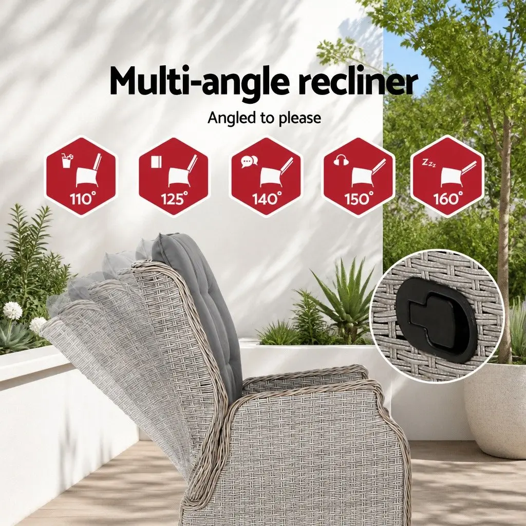 Wicker Recliner Chair Grey Adjustable Backrest Outdoor Lounger Set 2 Piece