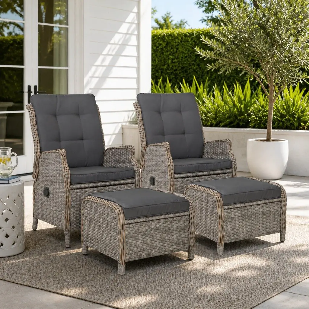 Wicker Recliner Chair Grey Adjustable Backrest Outdoor Lounger Set 2 Piece