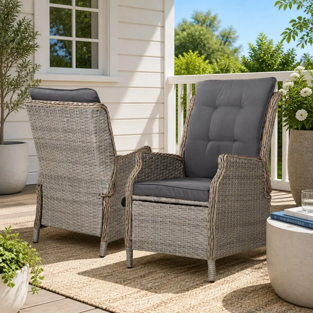 Wicker Recliner Chair Grey Adjustable Outdoor Patio Furniture Set