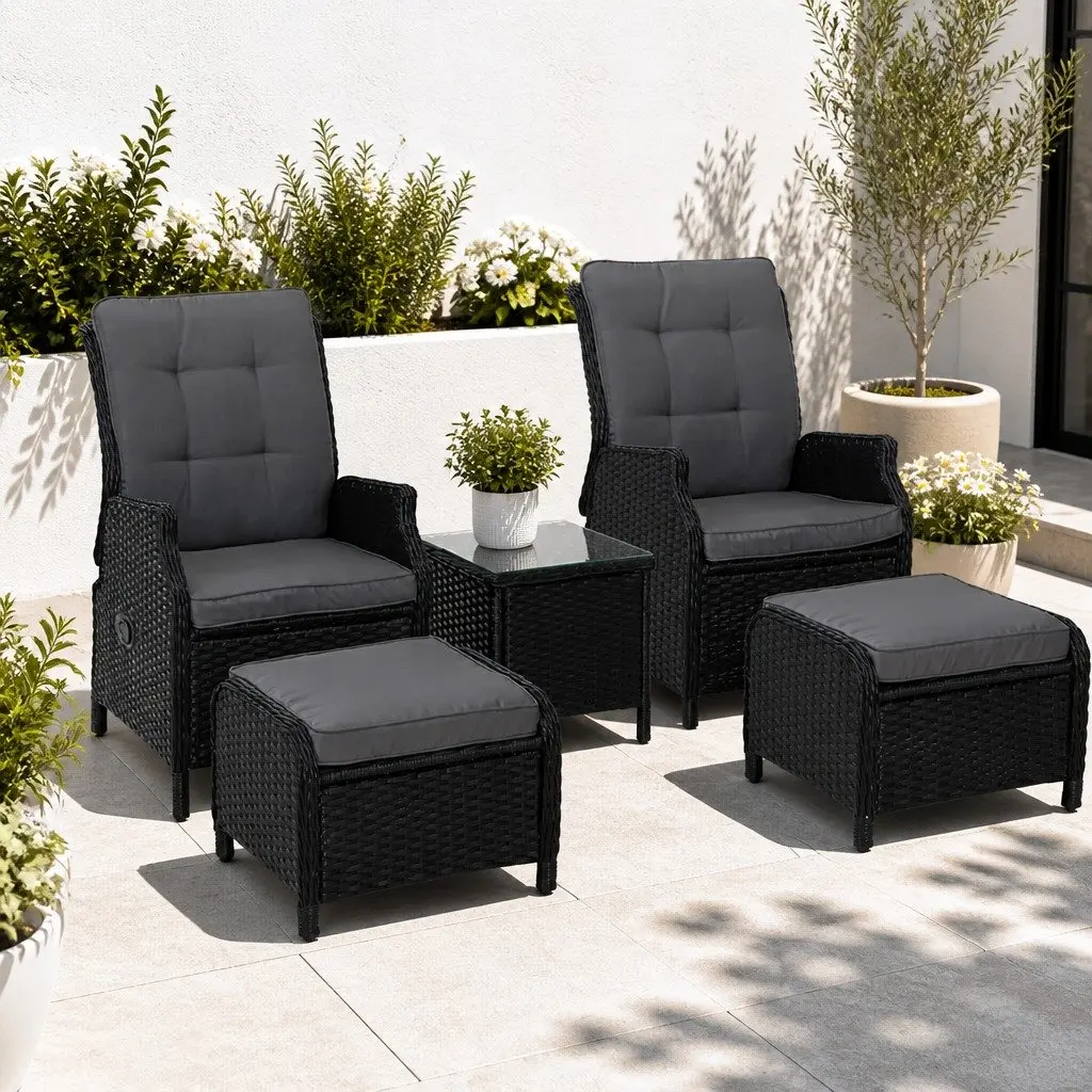 5PC Wicker Recliner Outdoor Furniture Set Adjustable Chairs Ottomans Side Table