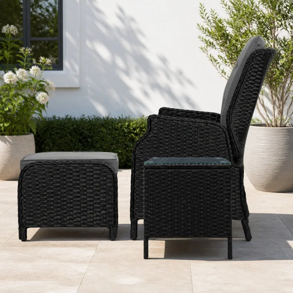 5 Piece Wicker Recliner Outdoor Furniture Set Black Adjustable Chairs Ottomans Side Table