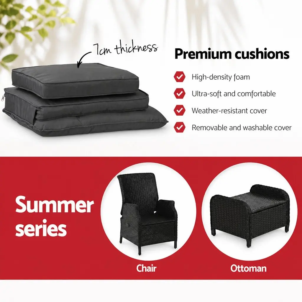 5 Piece Wicker Recliner Outdoor Furniture Set Black Adjustable Chairs Ottomans Side Table