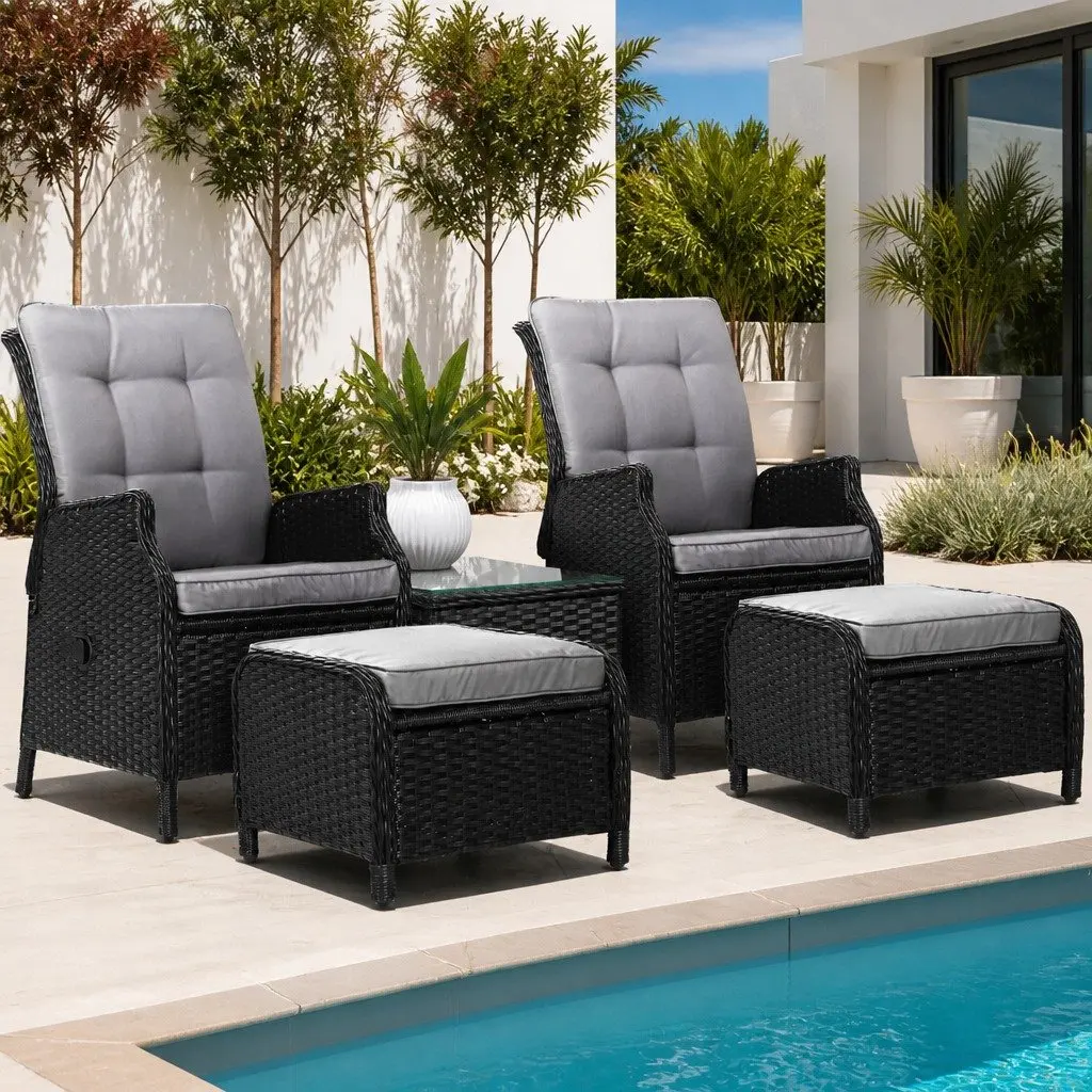 5 Piece Wicker Recliner Outdoor Furniture Set Black Adjustable Chairs Ottomans Side Table