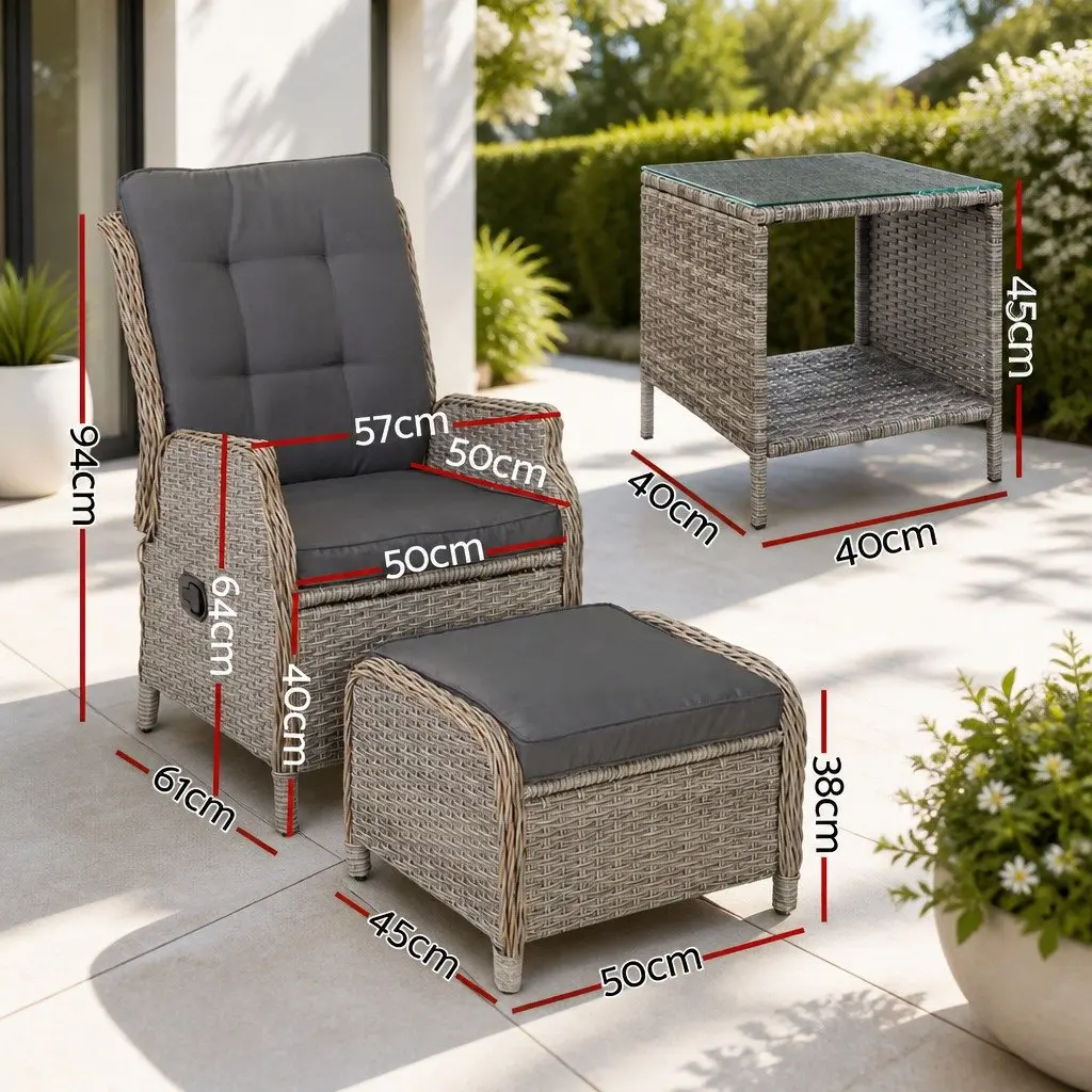 5 Piece Outdoor Recliner Furniture Set Grey Adjustable Backrest with Ottoman and Side Table