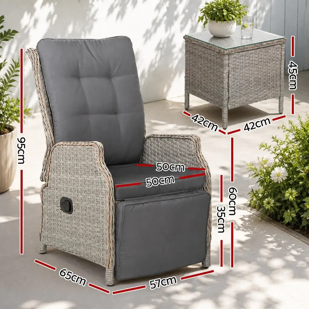 3 Piece Outdoor Recliner Set Grey Wicker Lounge Chairs Adjustable Backrest and Footrest