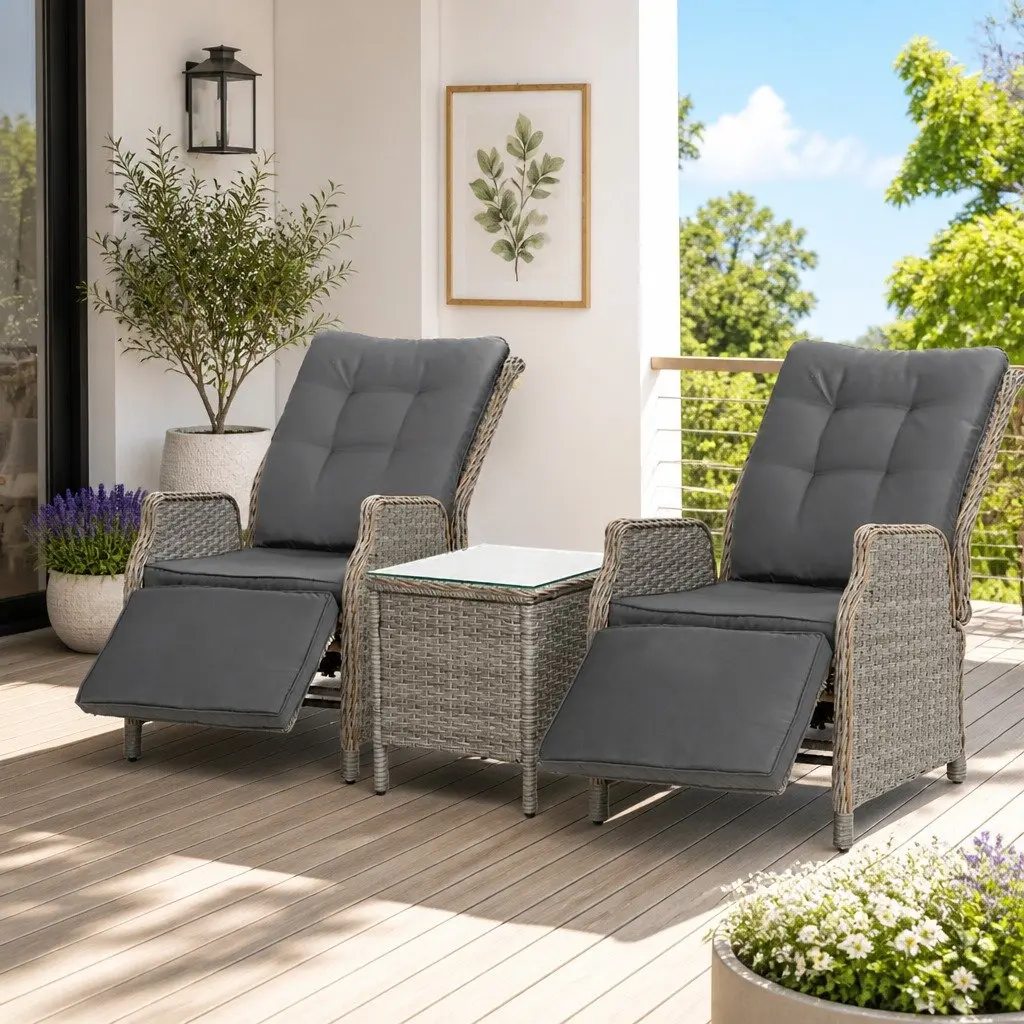3 Piece Outdoor Recliner Set Grey Wicker Lounge Chairs Adjustable Backrest and Footrest