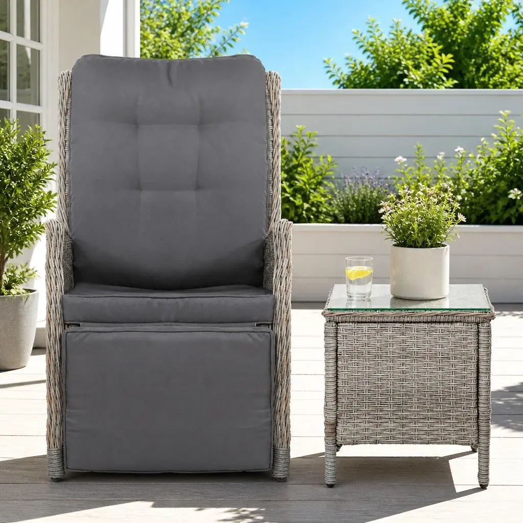 3 Piece Outdoor Recliner Set Grey Wicker Lounge Chairs Adjustable Backrest and Footrest