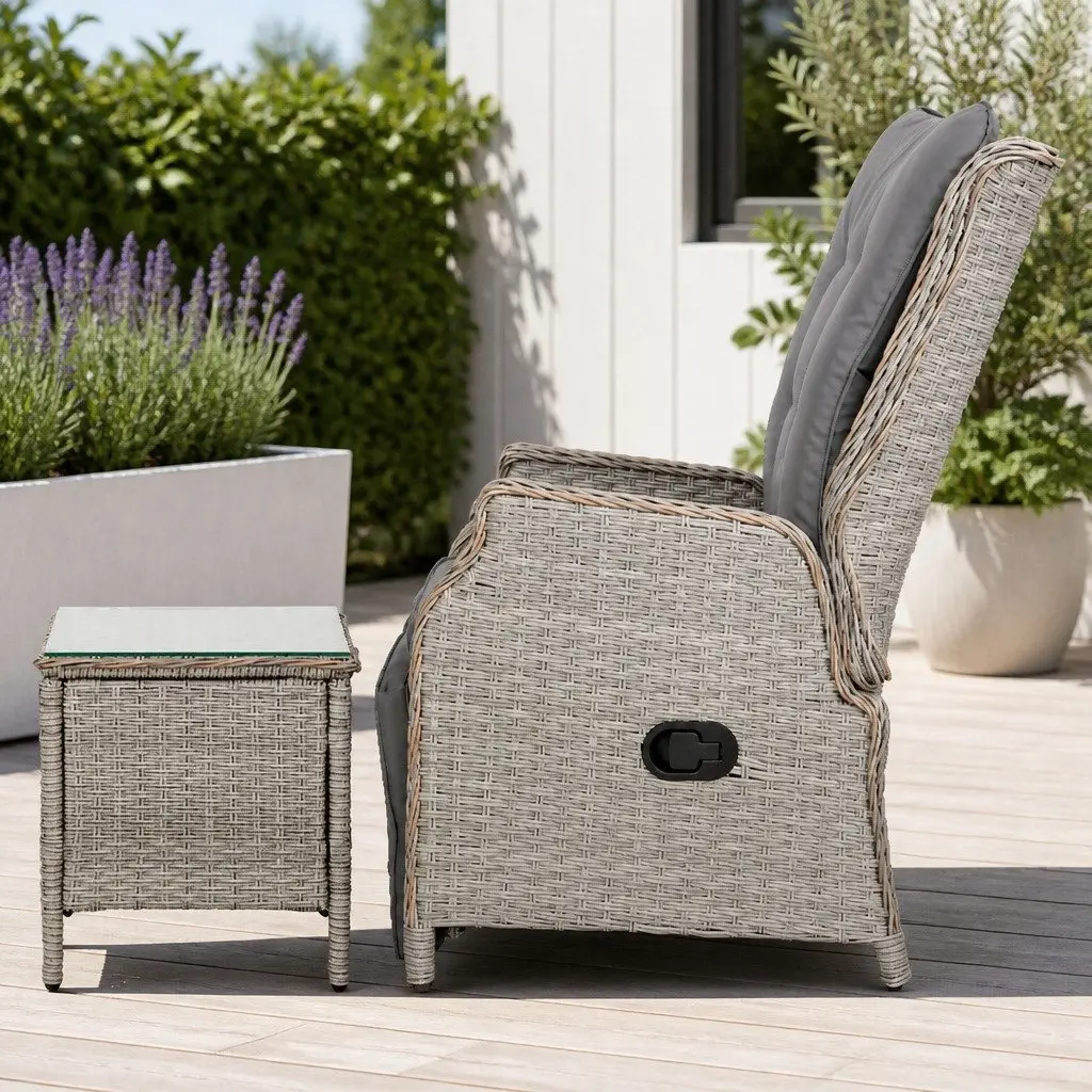 3 Piece Outdoor Recliner Set Grey Wicker Lounge Chairs Adjustable Backrest and Footrest