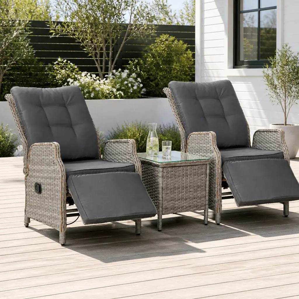 3 Piece Outdoor Recliner Set Grey Wicker Lounge Chairs Adjustable Backrest and Footrest