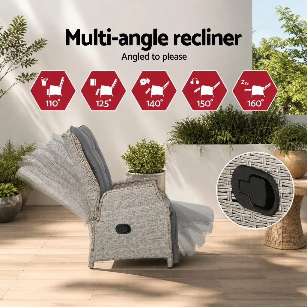 3 Piece Outdoor Recliner Set Grey Wicker Lounge Chairs Adjustable Backrest and Footrest